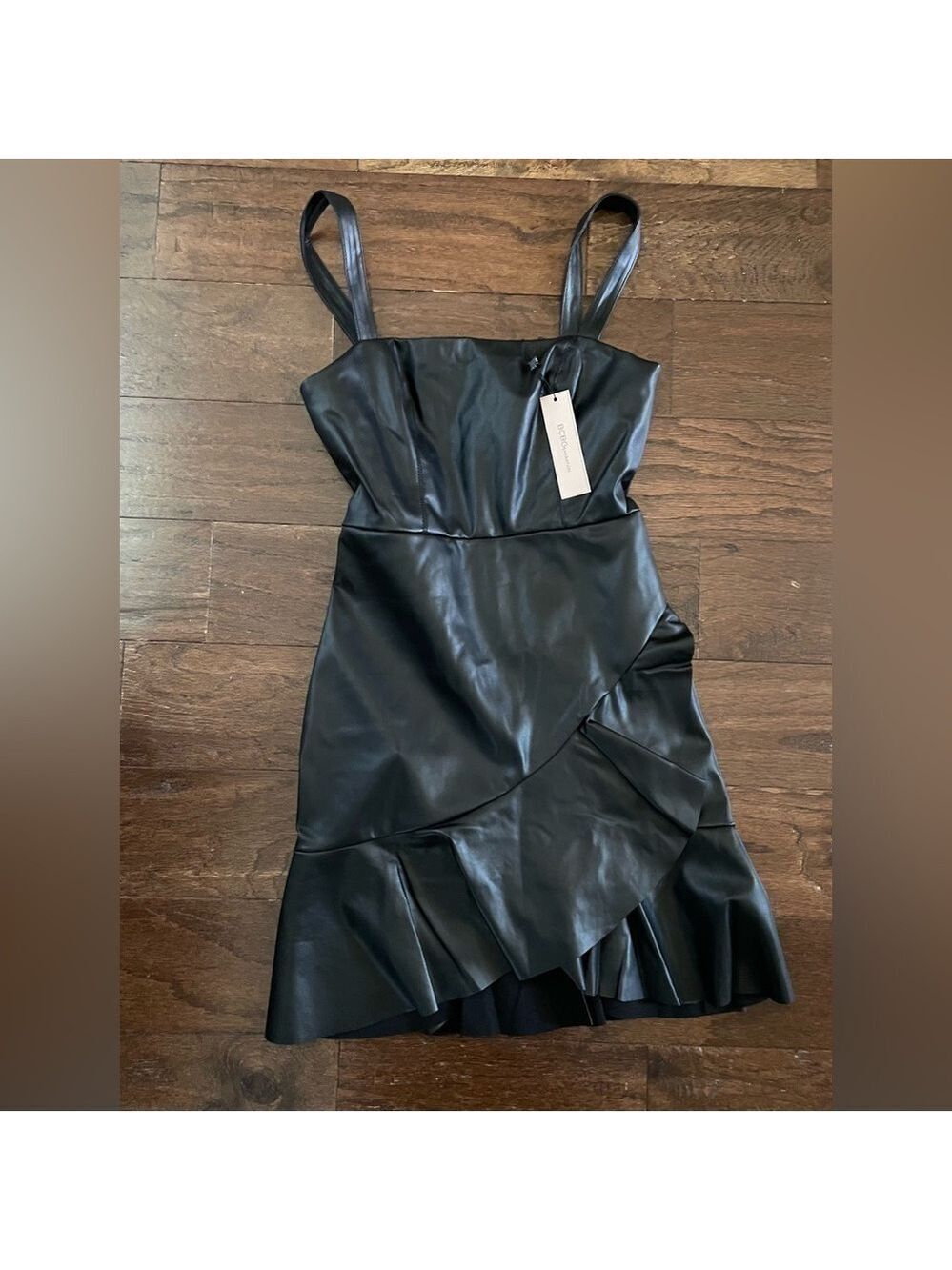 BCBGENERATION-Women's Faux-Leather Flounce-Hem Mini Dress-XS-black Retail $128 - Picture 3 of 13